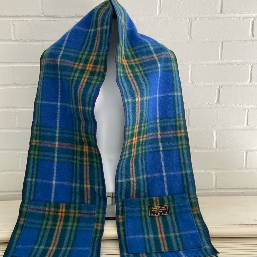 unisex classic deluxe wool blue plaid winter warm neck scarf scarve with pockets